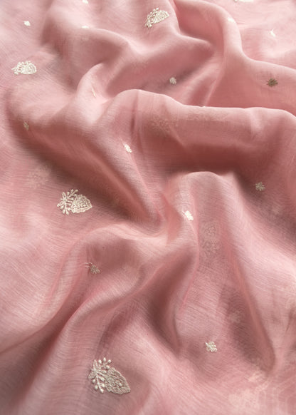 Rose Pink Pure Mul Suit With Chikan Embroidery