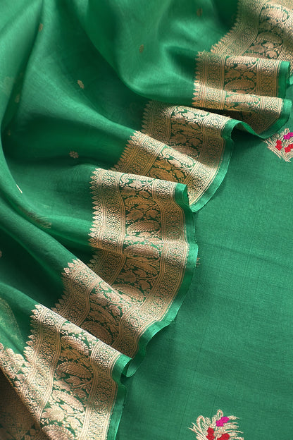 Green Handloom Kora Silk Kurta And Kora Silk Dupatta With Meenkari Weaving