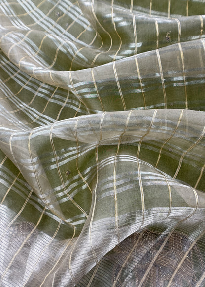 Pear Green Shikagarh Tales Desi Tussar Suit And Tissue Woven Dupatta With Handwork