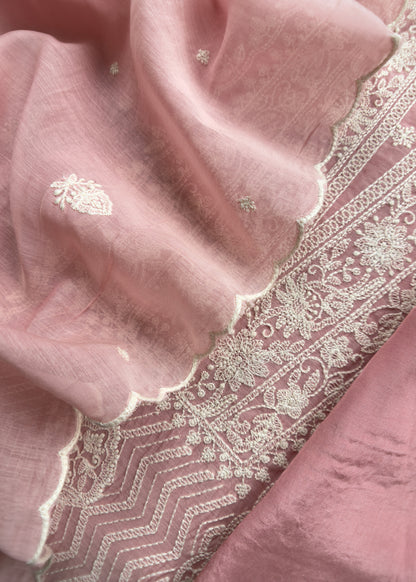 Rose Pink Pure Mul Suit With Chikan Embroidery
