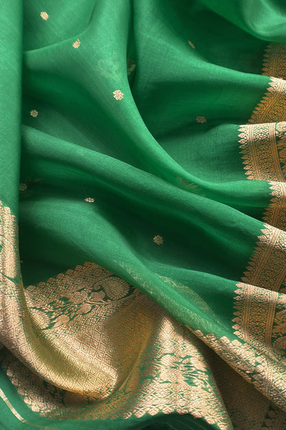 Green Handloom Kora Silk Kurta And Kora Silk Dupatta With Meenkari Weaving