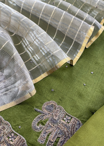 Pear Green Shikagarh Tales Desi Tussar Suit And Tissue Woven Dupatta With Handwork
