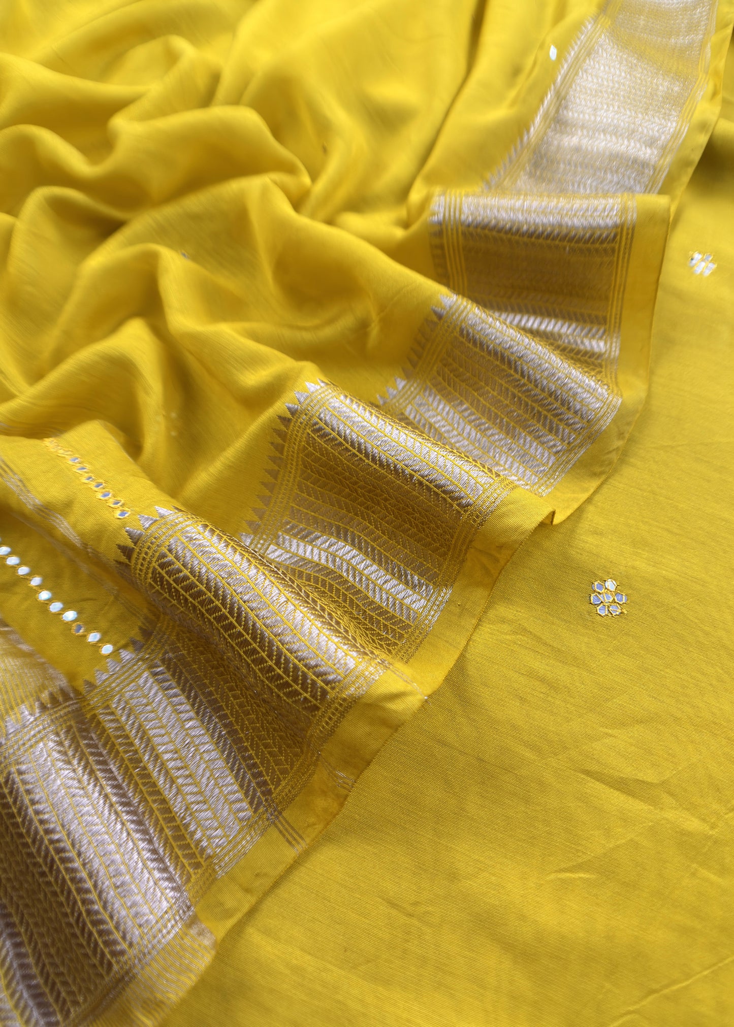 Lime Yellow Pure Assamese Silk Suit Fabric With Mirrors Handwork