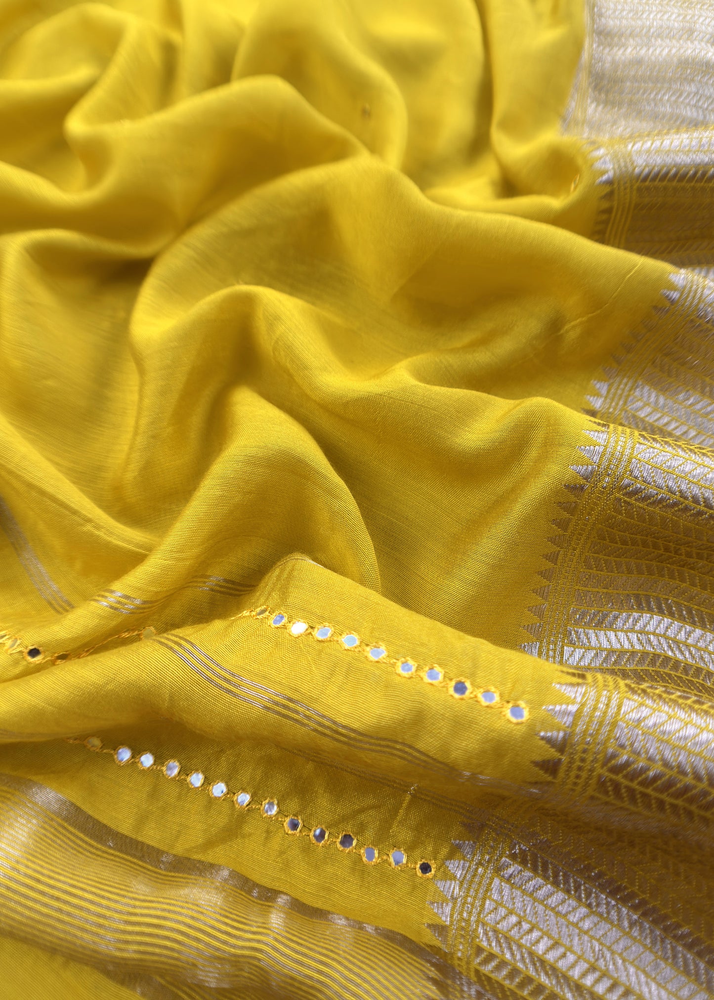 Lime Yellow Pure Assamese Silk Suit Fabric With Mirrors Handwork
