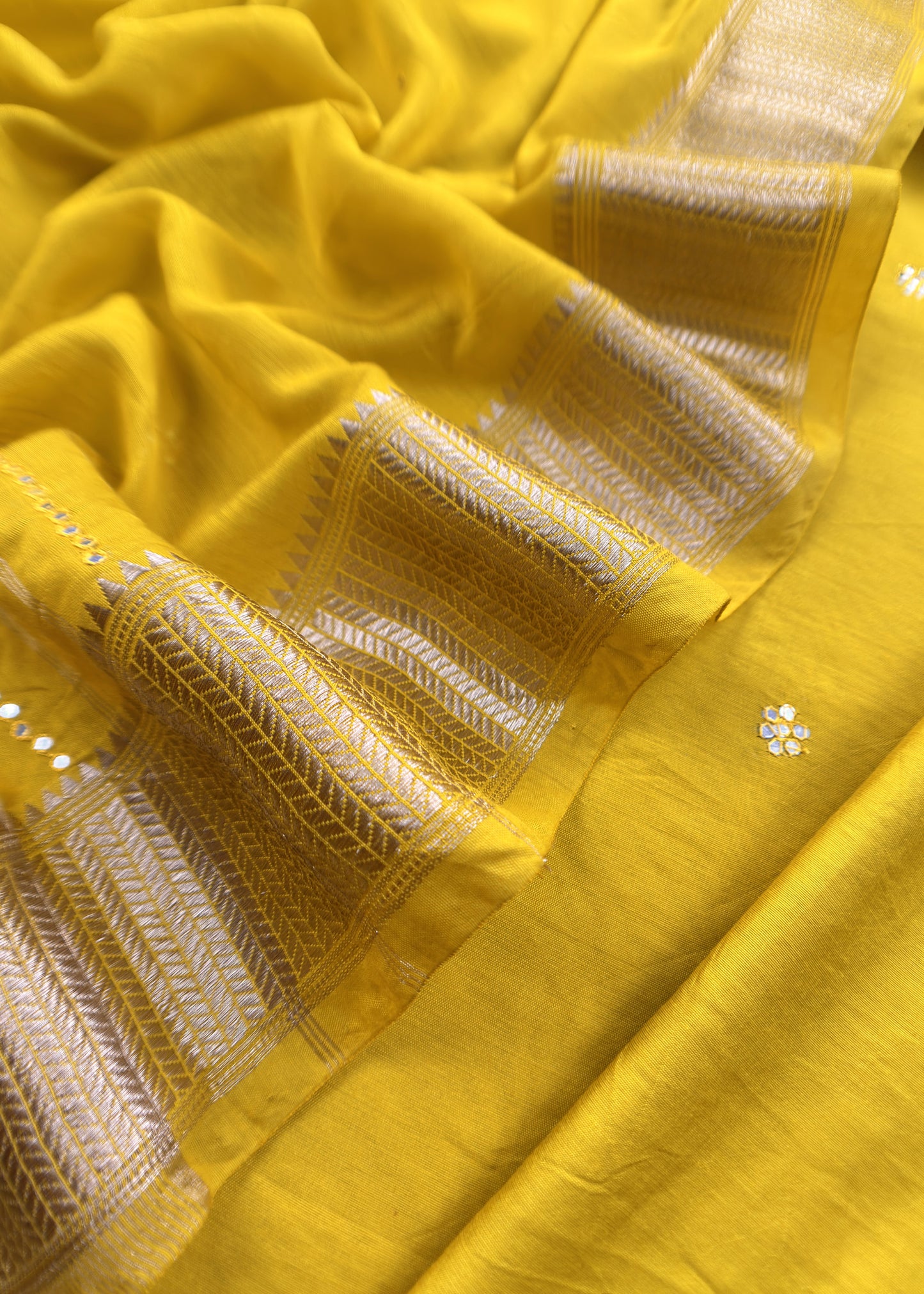 Lime Yellow Pure Assamese Silk Suit Fabric With Mirrors Handwork