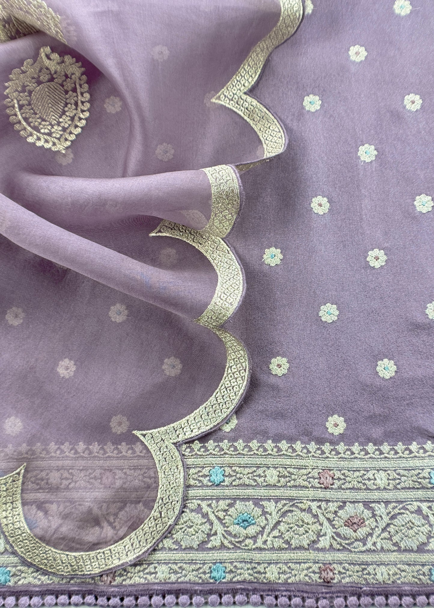 Luxe English Lavender Handloom Silk Suit With Kora Silk Dupatta Adorned With Gold Pitta Work And Resham Embroidery