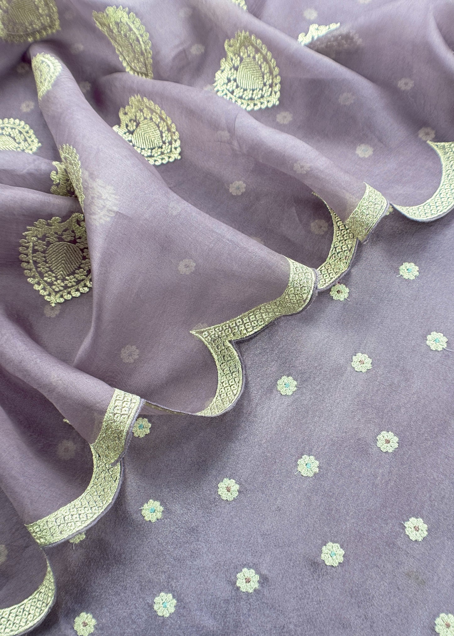 Luxe English Lavender Handloom Silk Suit With Kora Silk Dupatta Adorned With Gold Pitta Work And Resham Embroidery