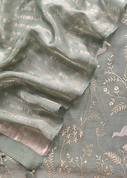 Sage Green Chidiya Tales Mul Cotton Suit Set With Zari Lurex Dupatta