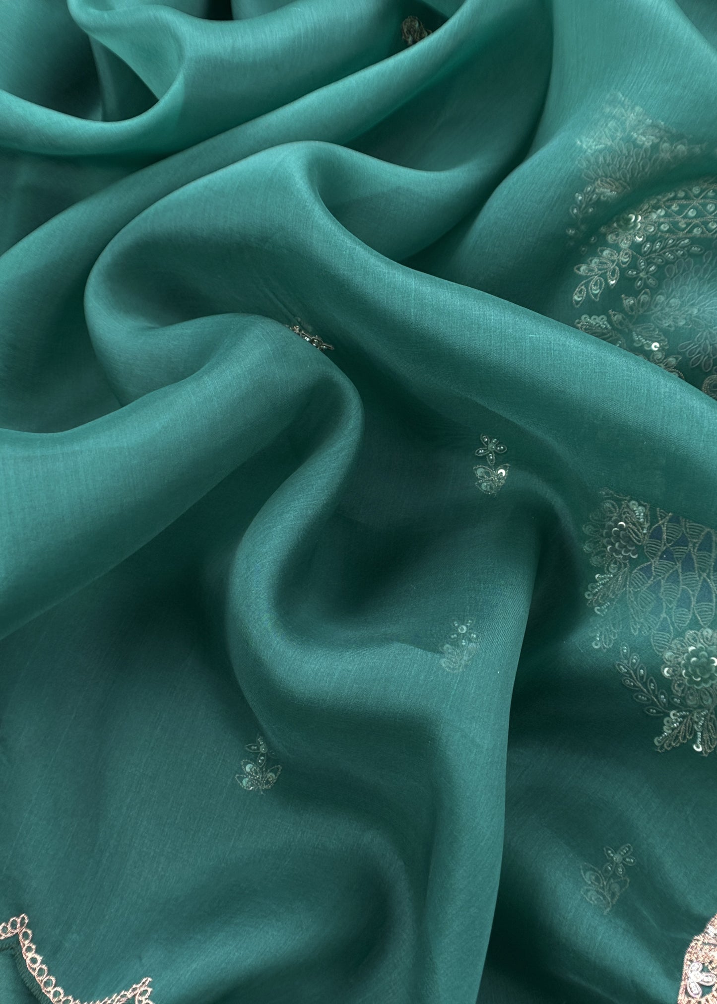 Green Handloom Dupion Silk Suit With Zardosi Handwork