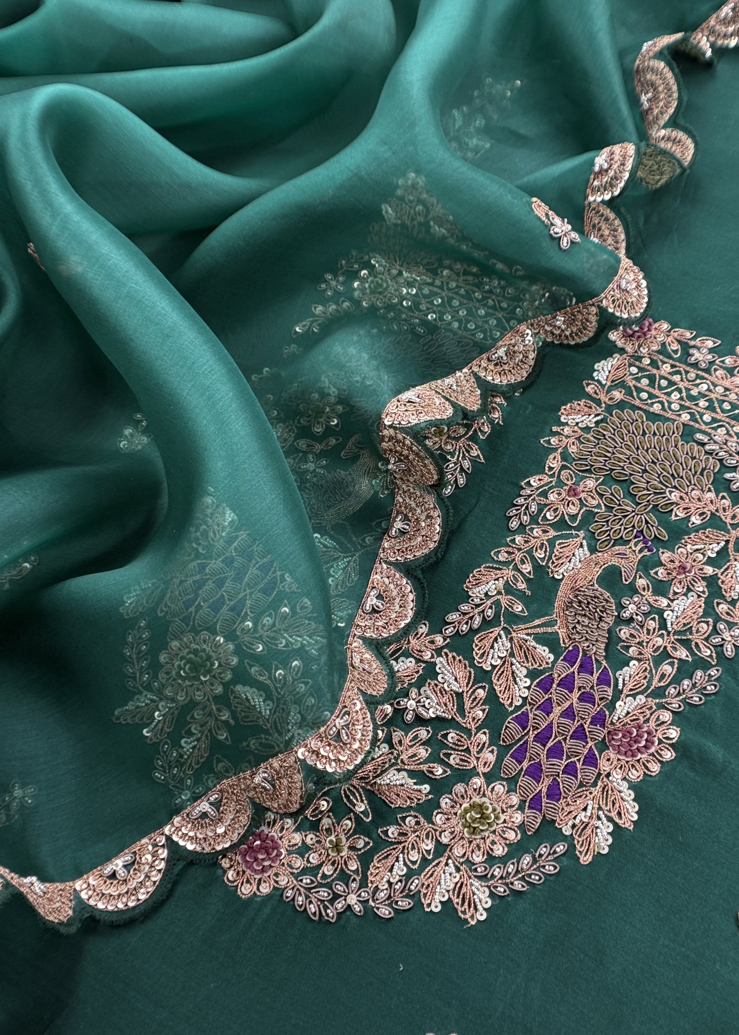 Green Handloom Dupion Silk Suit With Zardosi Handwork