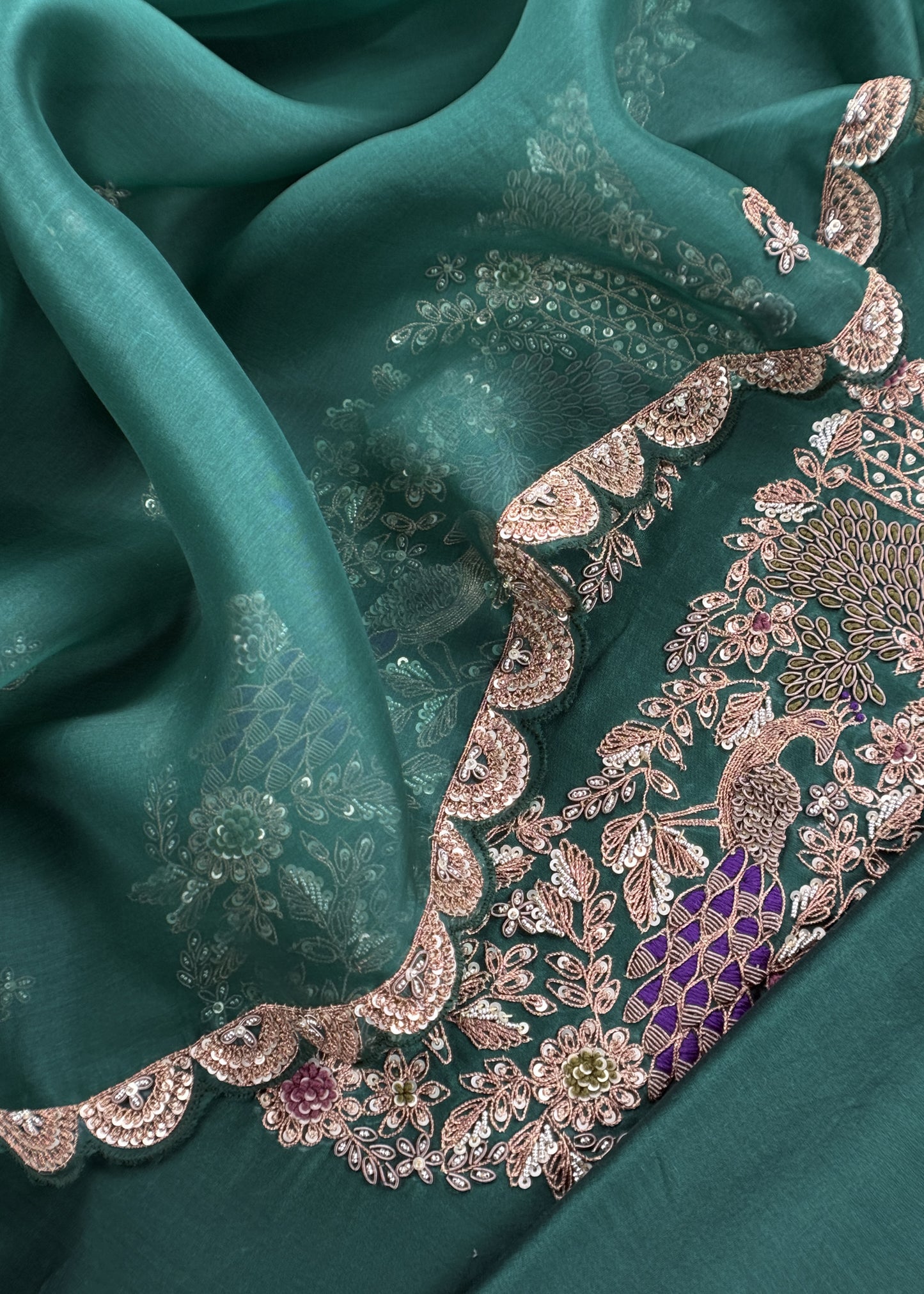 Green Handloom Dupion Silk Suit With Zardosi Handwork