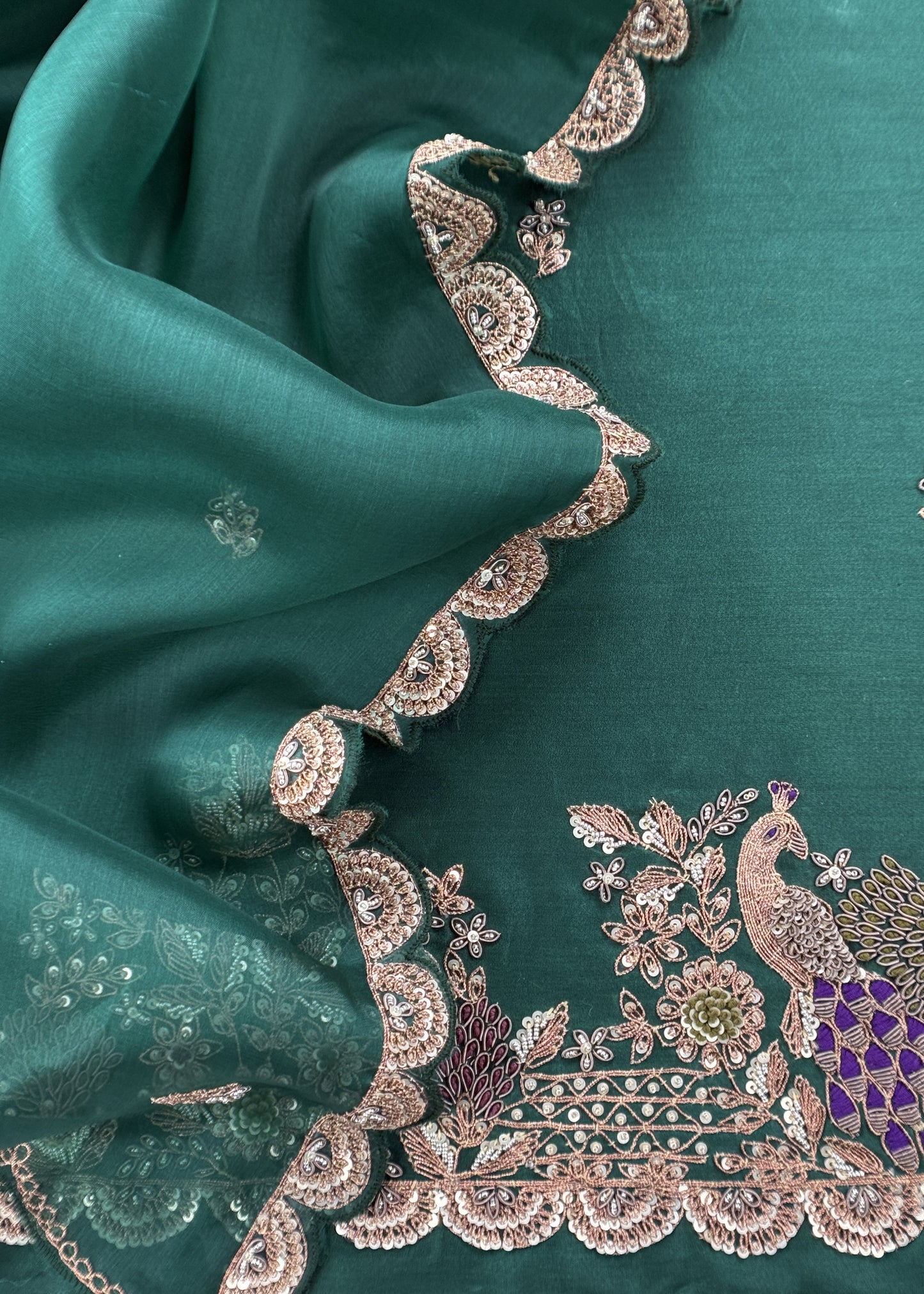 Green Handloom Dupion Silk Suit With Zardosi Handwork