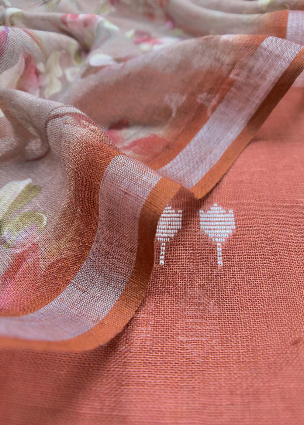 Orange Embroidered Linen Suit With Kalamkari Dupatta