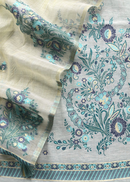 Off White With Blue Jamdani  Weaved Suit Fabric In Linen Chanderi