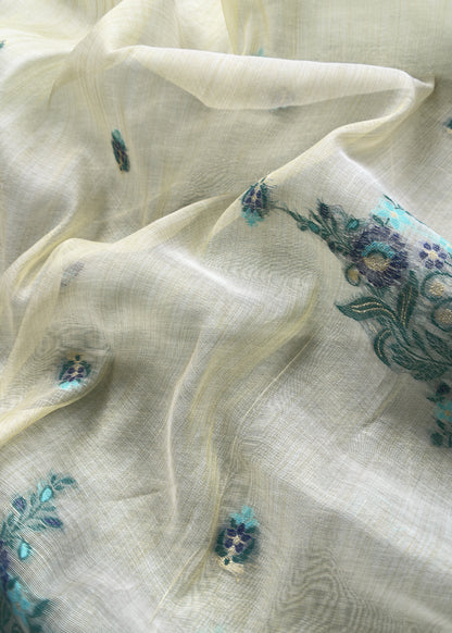 Off White With Blue Jamdani  Weaved Suit Fabric In Linen Chanderi