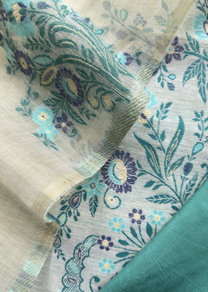 Off White With Blue Jamdani  Weaved Suit Fabric In Linen Chanderi