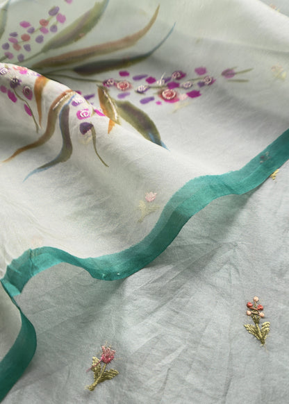 Blueish Green Pure Organza Unstitched Suit In Resham Embroidery