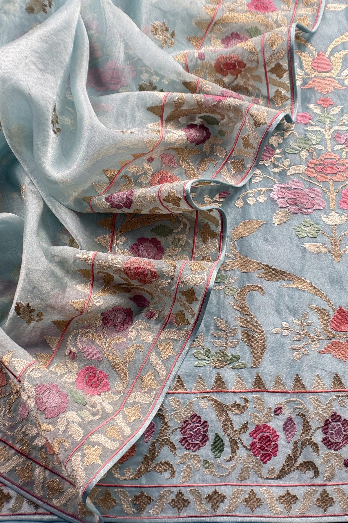 Sky Blue Handloom Tissue Silk Suit With Gold Silver Zari And Embroidery