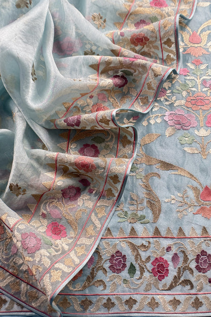 Sky Blue Handloom Tissue Silk Suit With Gold Silver Zari And Embroidery