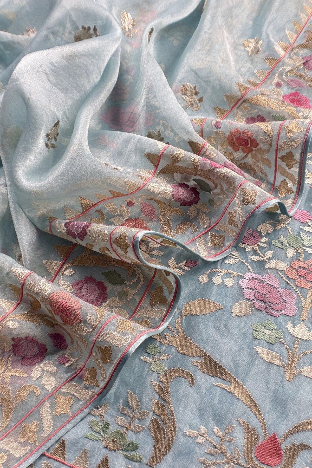 Sky Blue Handloom Tissue Silk Suit With Gold Silver Zari And Embroidery