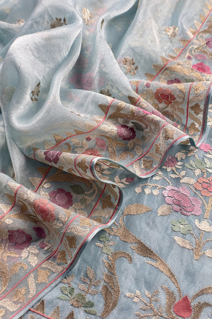Sky Blue Handloom Tissue Silk Suit With Gold Silver Zari And Embroidery