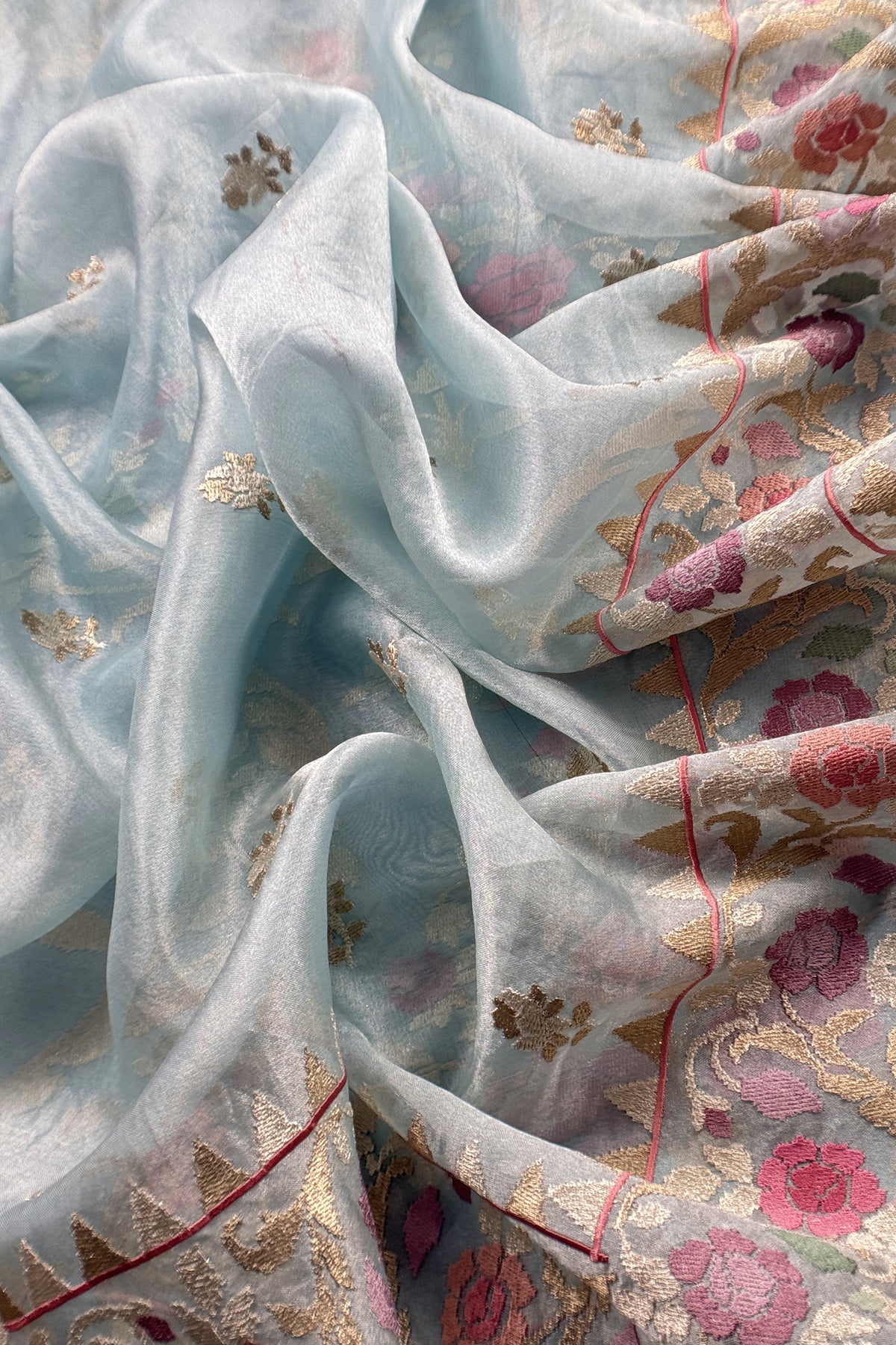Sky Blue Handloom Tissue Silk Suit With Gold Silver Zari And Embroidery