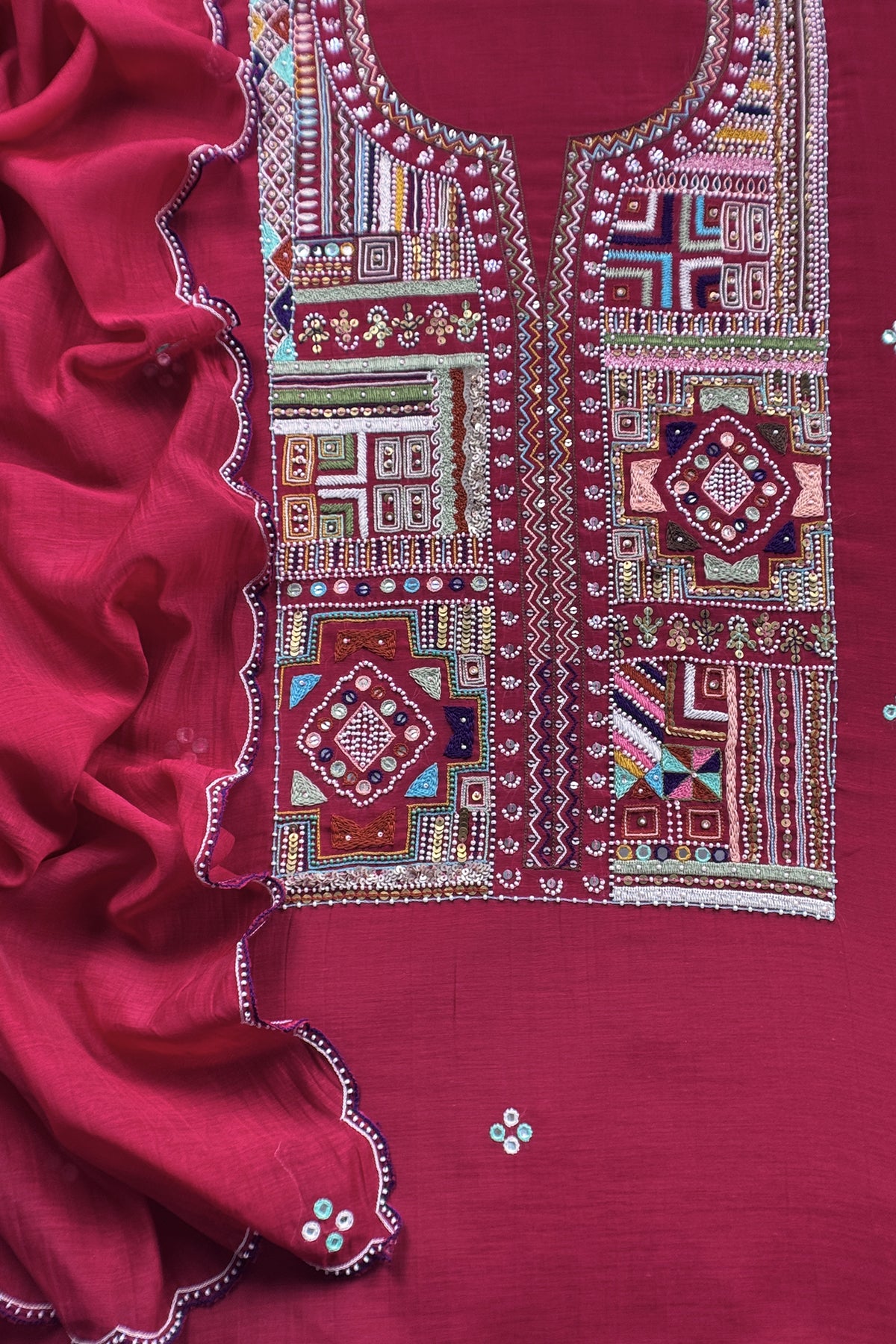 Red Pure Mulmul Unstitched Suit Fabric With Boho Rajasthani Kutch Hand Embroidery
