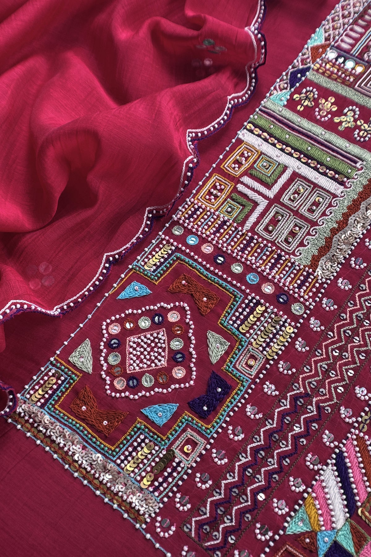 Red Pure Mulmul Unstitched Suit Fabric With Boho Rajasthani Kutch Hand Embroidery