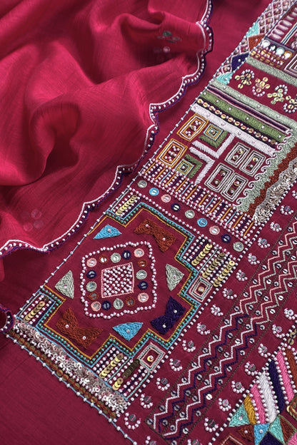 Red Pure Mulmul Unstitched Suit Fabric With Boho Rajasthani Kutch Hand Embroidery