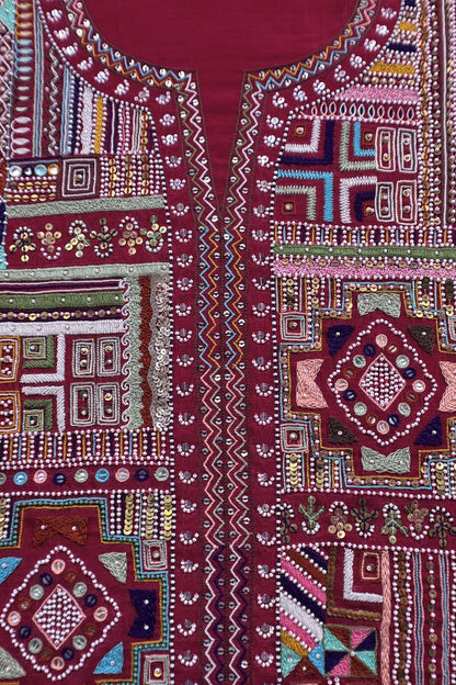 Red Pure Mulmul Unstitched Suit Fabric With Boho Rajasthani Kutch Hand Embroidery