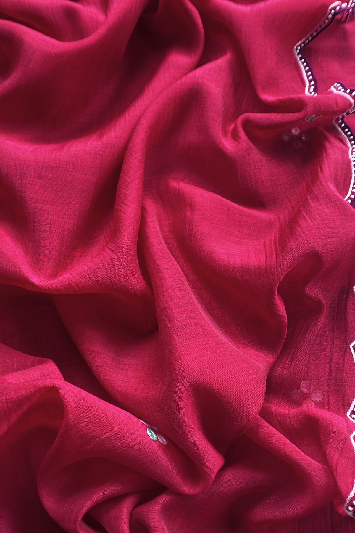 Red Pure Mulmul Unstitched Suit Fabric With Boho Rajasthani Kutch Hand Embroidery