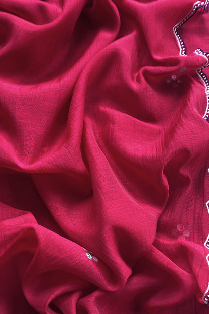 Red Pure Mulmul Unstitched Suit Fabric With Boho Rajasthani Kutch Hand Embroidery
