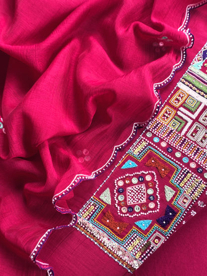 Red Pure Mulmul Unstitched Suit Fabric With Boho Rajasthani Kutch Hand Embroidery
