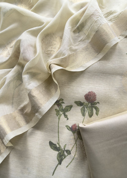 Ivory Summer floral Unstitched Suit in Chanderi Blend fabric