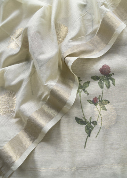 Ivory Summer floral Unstitched Suit in Chanderi Blend fabric