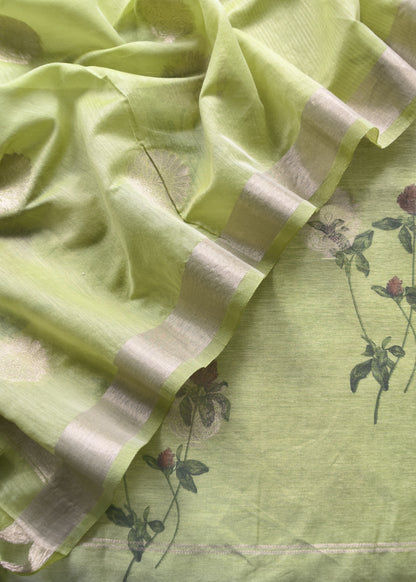 Green Summer floral Unstitched Suit in Chanderi Blend fabric