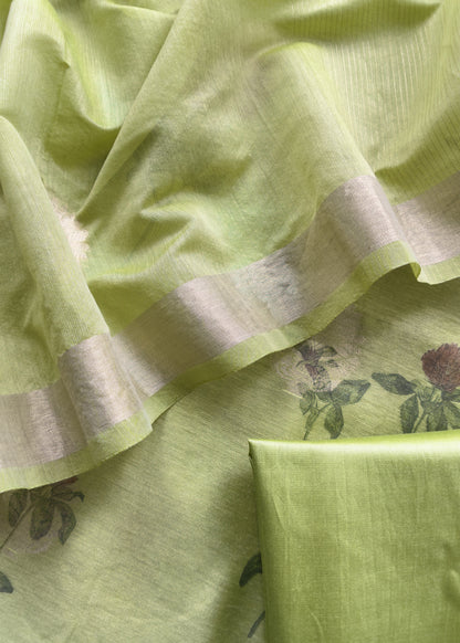 Green Summer floral Unstitched Suit in Chanderi Blend fabric