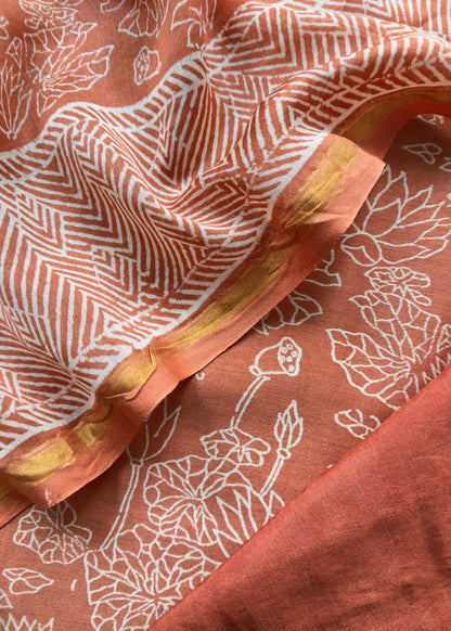 Orange Maheshwari Suit With Block Printing