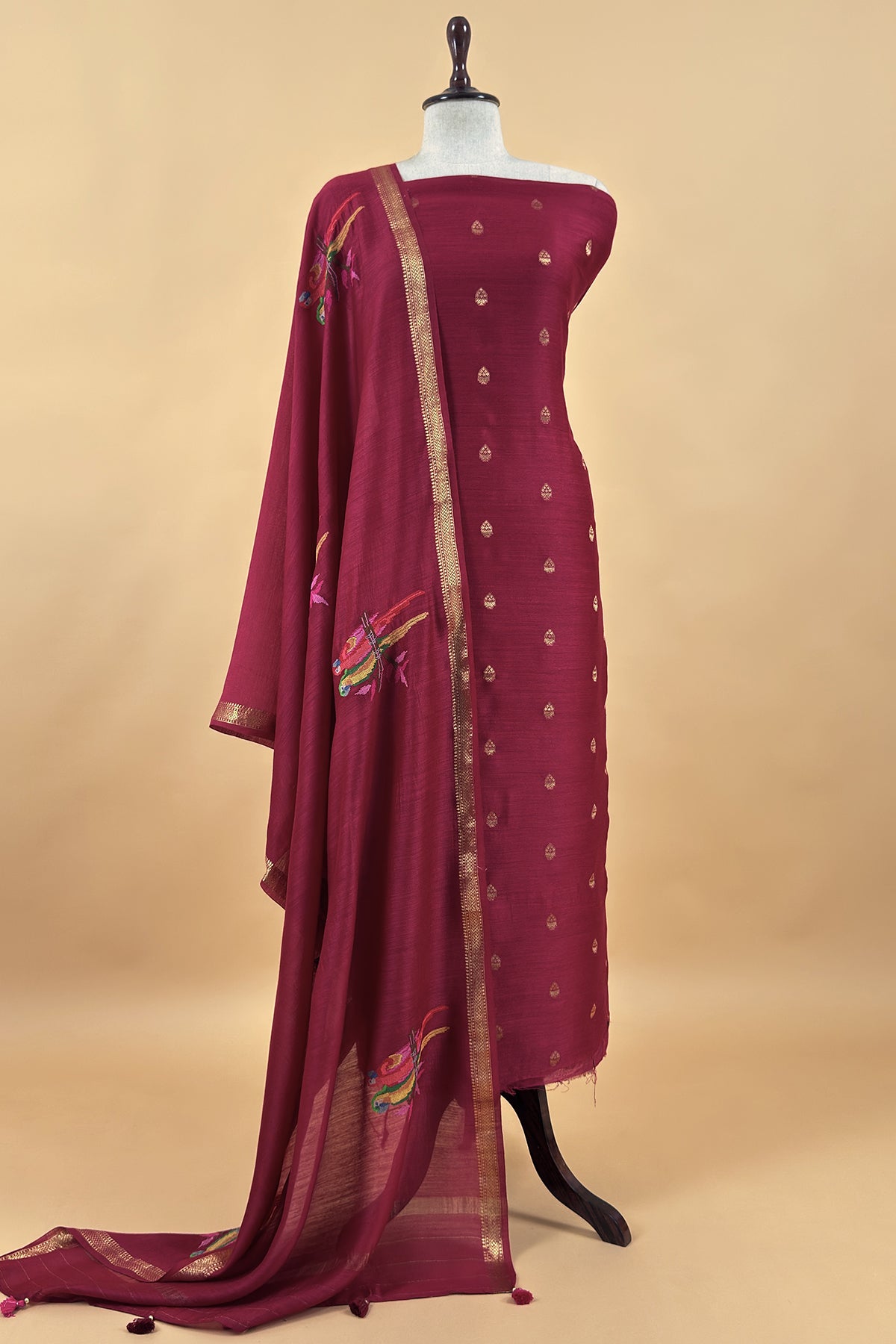 Maroon Handloom Unstitched Tussar Suit With Dupatta