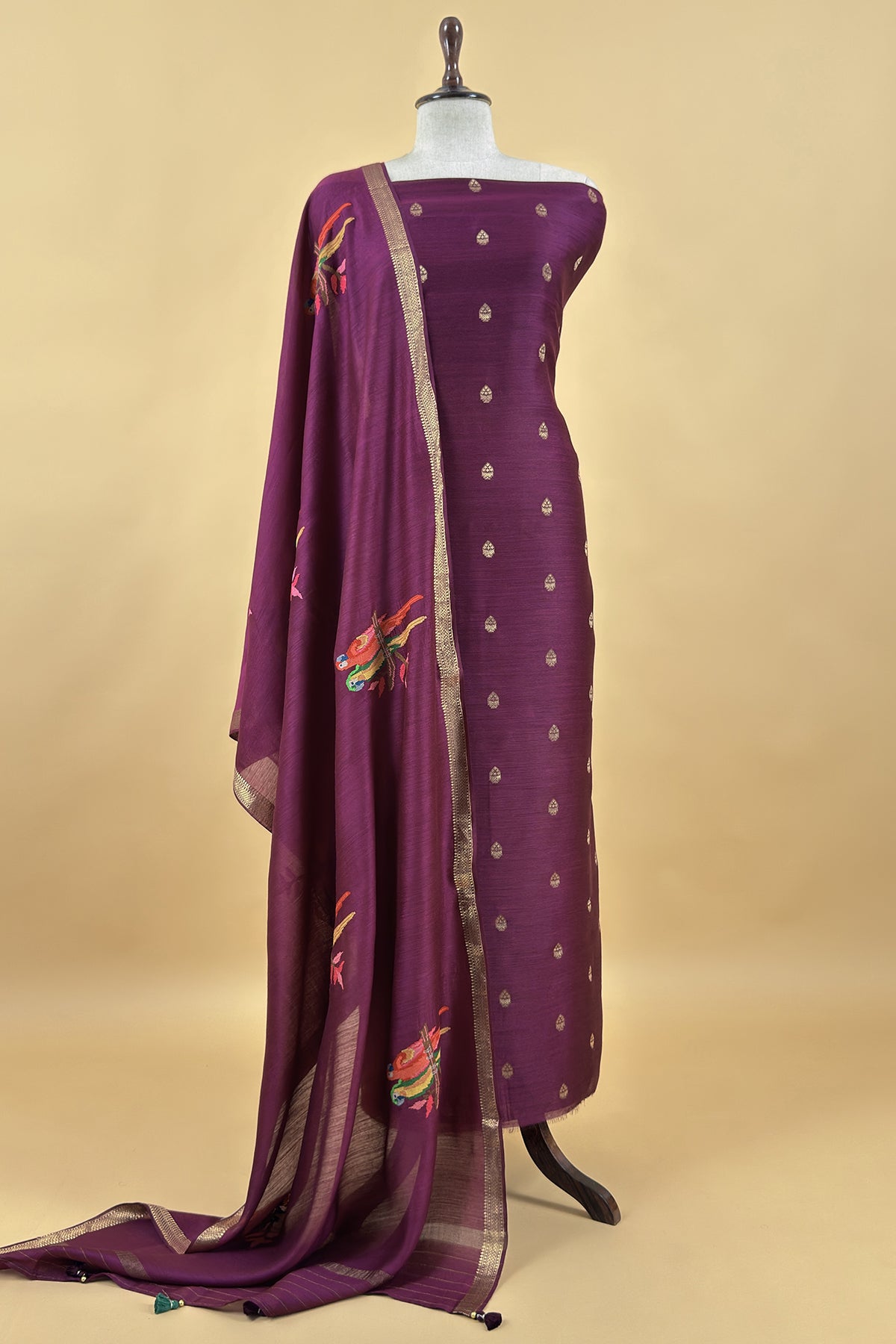 Violet Handloom Unstitched Tussar Suit With Dupatta
