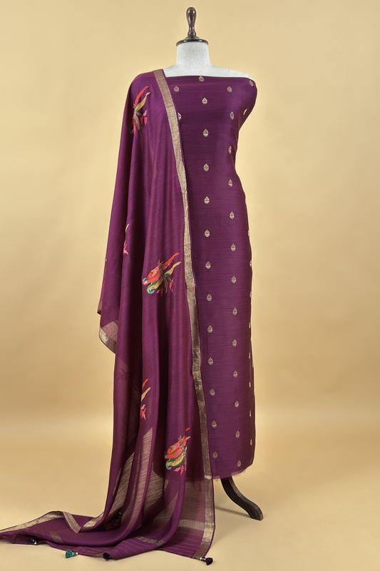 Violet Handloom Unstitched Tussar Suit With Dupatta