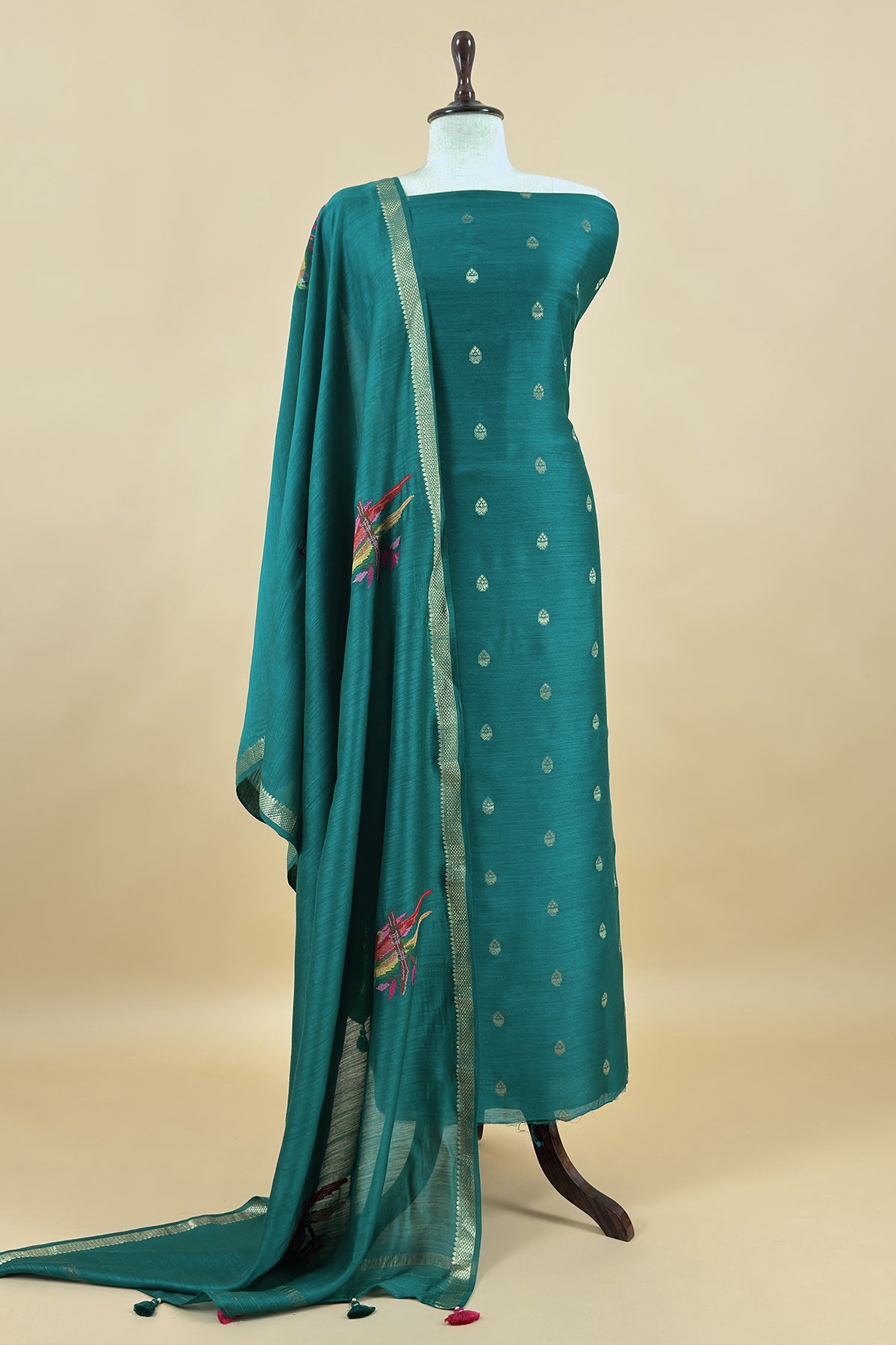 Teal Blue Handloom Unstitched Tussar Suit With Dupatta