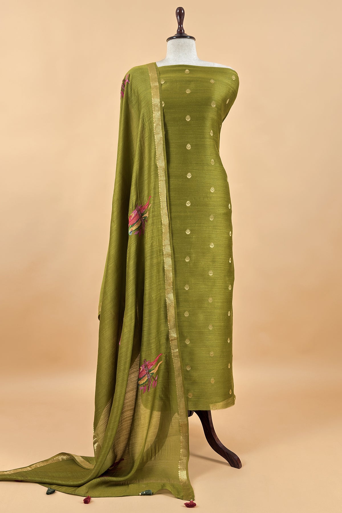 Parrot Green Handloom Unstitched Tussar Suit With Dupatta