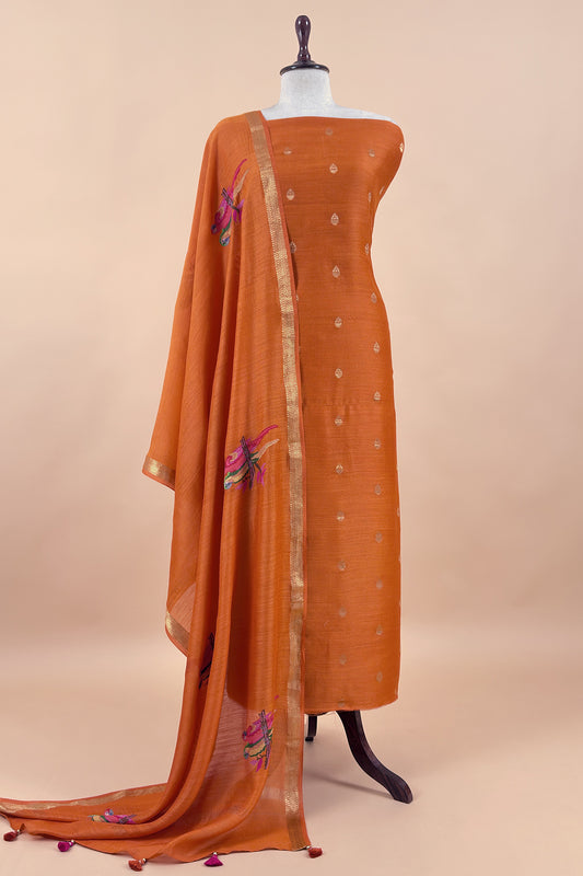Orange Handloom Unstitched Tussar Suit With Dupatta