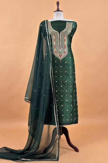 Green Pure Silk Ikkat Print Unstitched Suit With Dori And Gotapatti Hand Work
