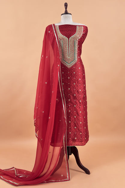 Red Pure Silk Ikkat Print Unstitched Suit With Dori And Gotapatti Hand Work