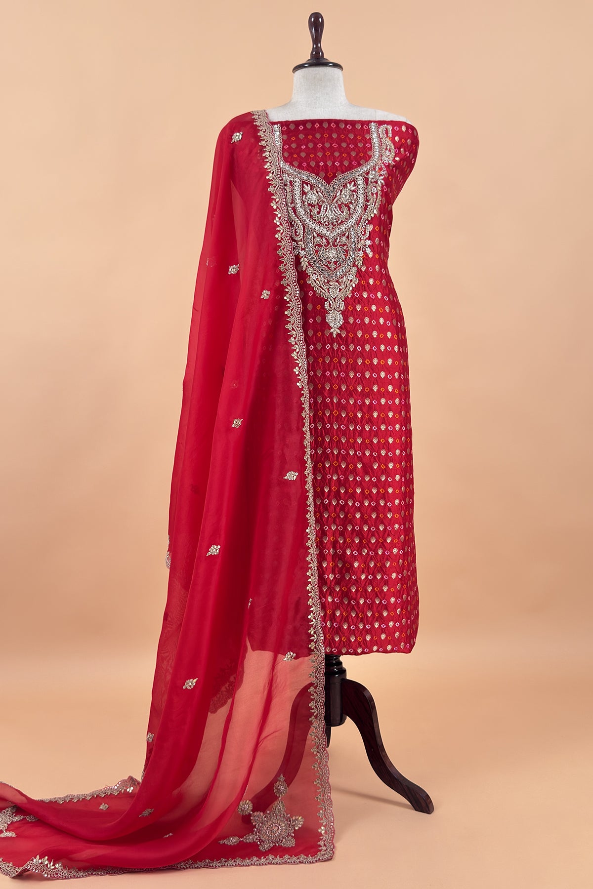Red Bandhani Pure silk Unstitched Suit with Gota Patti, Dori, Dabka Handwork