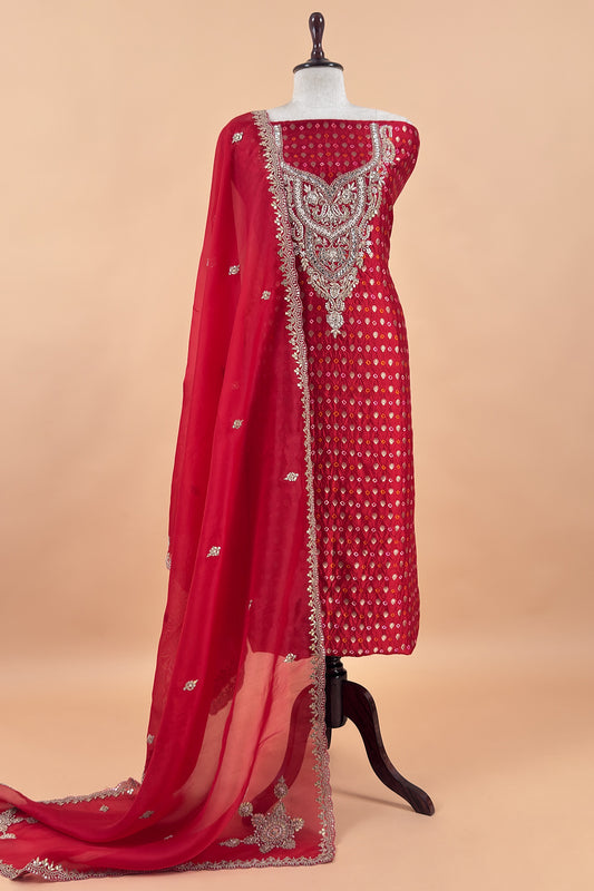 Red Bandhani Pure silk Unstitched Suit with Gota Patti, Dori, Dabka Handwork
