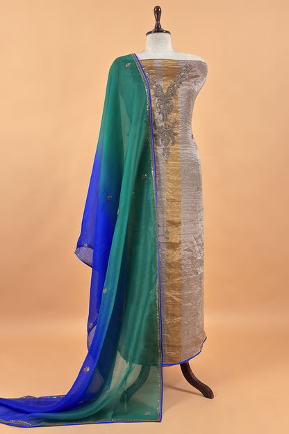 Sliver And Gold Handloom Tissue Silk Suit With Ombre Dupatta
