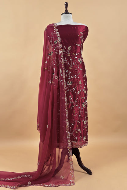 Maroon Pure Silk Unstitched Suit With Dori And Dabka Hand Work